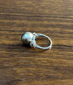 Grey Silver Black Tahitian Pearl 14K White Gold Diamond Baguette Statement Ring