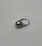 Grey Silver Black Tahitian Pearl 14K White Gold Diamond Baguette Statement Ring
