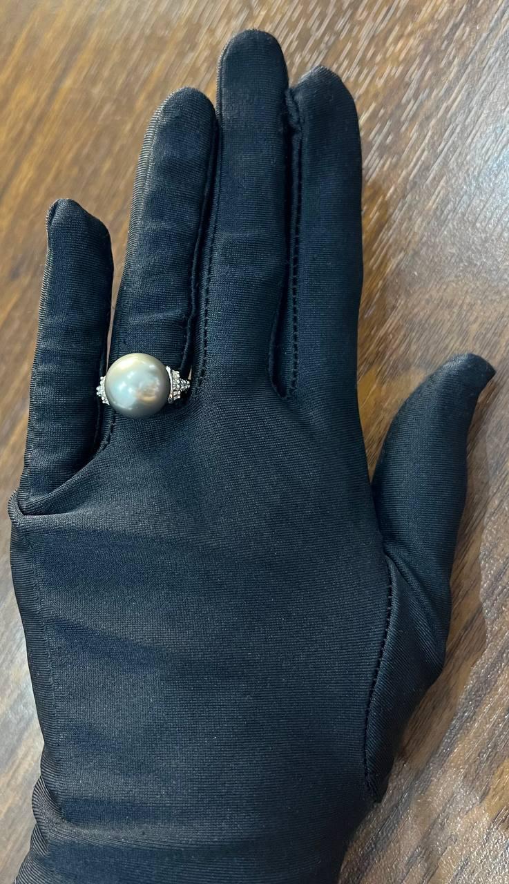 Grey Silver Black Tahitian Pearl 14K White Gold Diamond Baguette Statement Ring