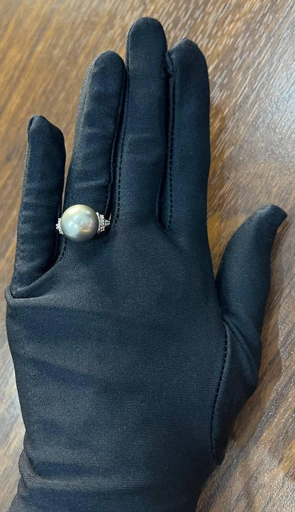 Grey Silver Black Tahitian Pearl 14K White Gold Diamond Baguette Statement Ring