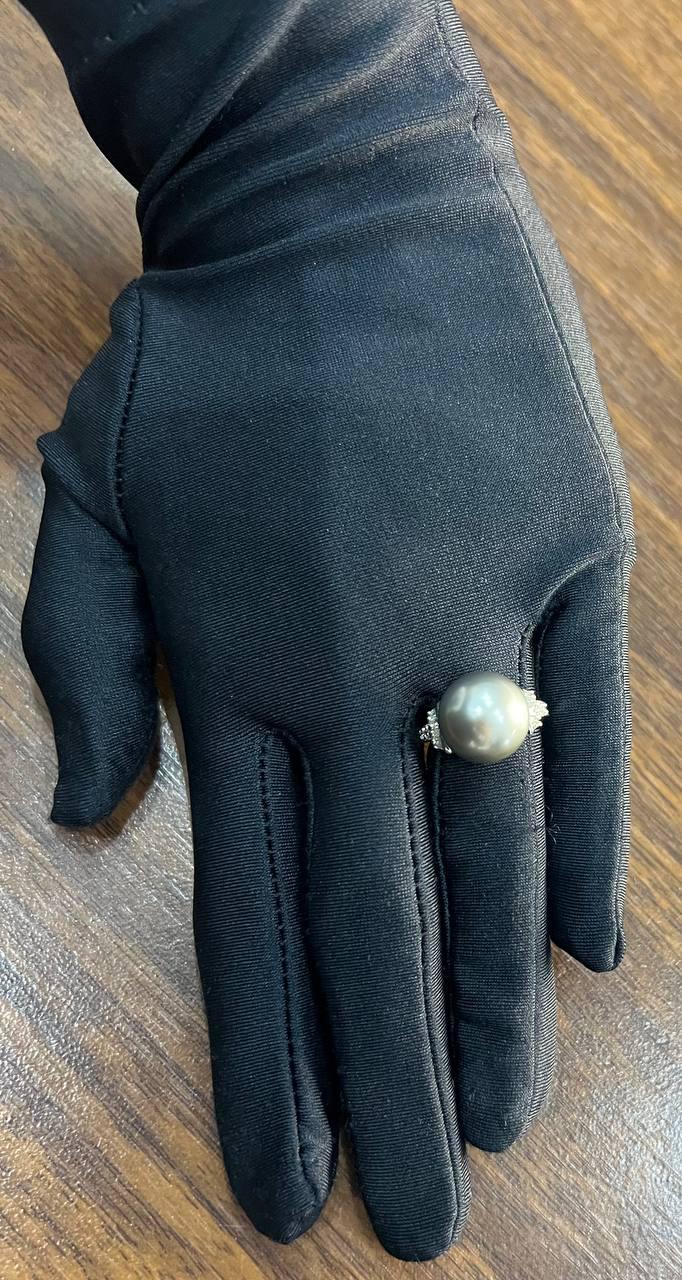 Grey Silver Black Tahitian Pearl 14K White Gold Diamond Baguette Statement Ring