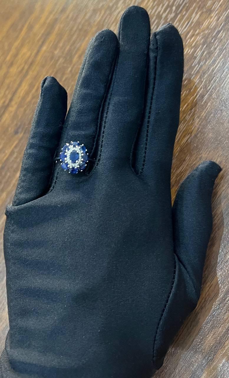 blue sapphire diamond halo floral flower shape 14k white gold statement ring