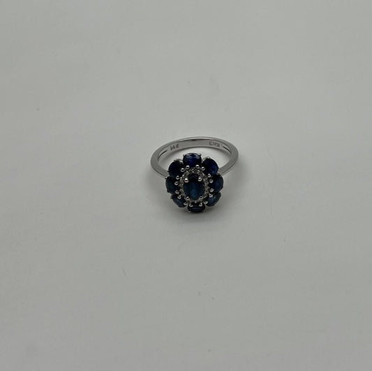 Blue Sapphire Diamond Halo Floral Flower Shape 14K White Gold Statement Ring