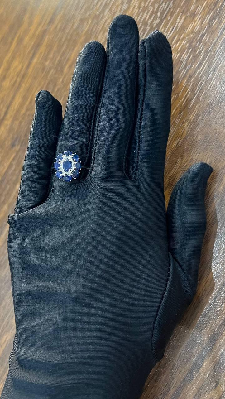 blue sapphire diamond halo floral flower shape 14k white gold statement ring