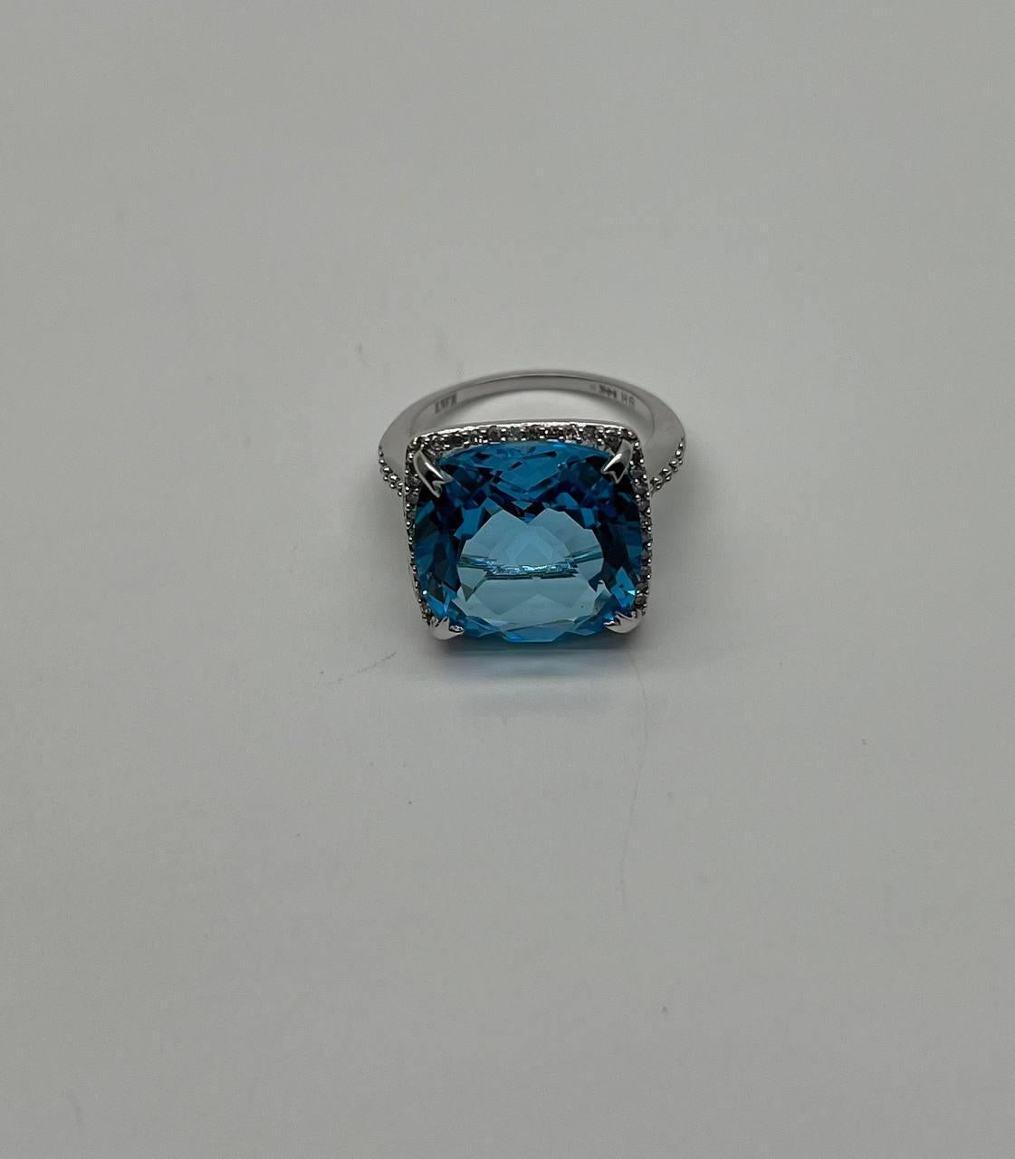 Cushion Shape Swiss Blue Topaz Diamond Halo 14K White Gold Cocktail Ring