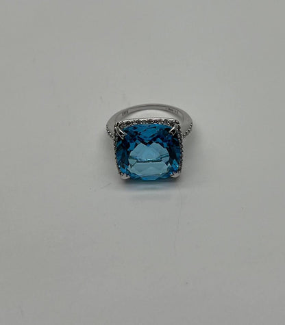 Cushion Shape Swiss Blue Topaz Diamond Halo 14K White Gold Cocktail Ring