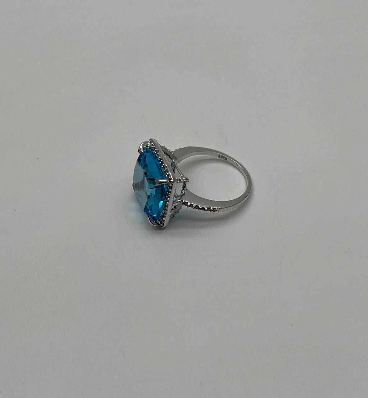 Cushion Shape Swiss Blue Topaz Diamond Halo 14K White Gold Cocktail Ring