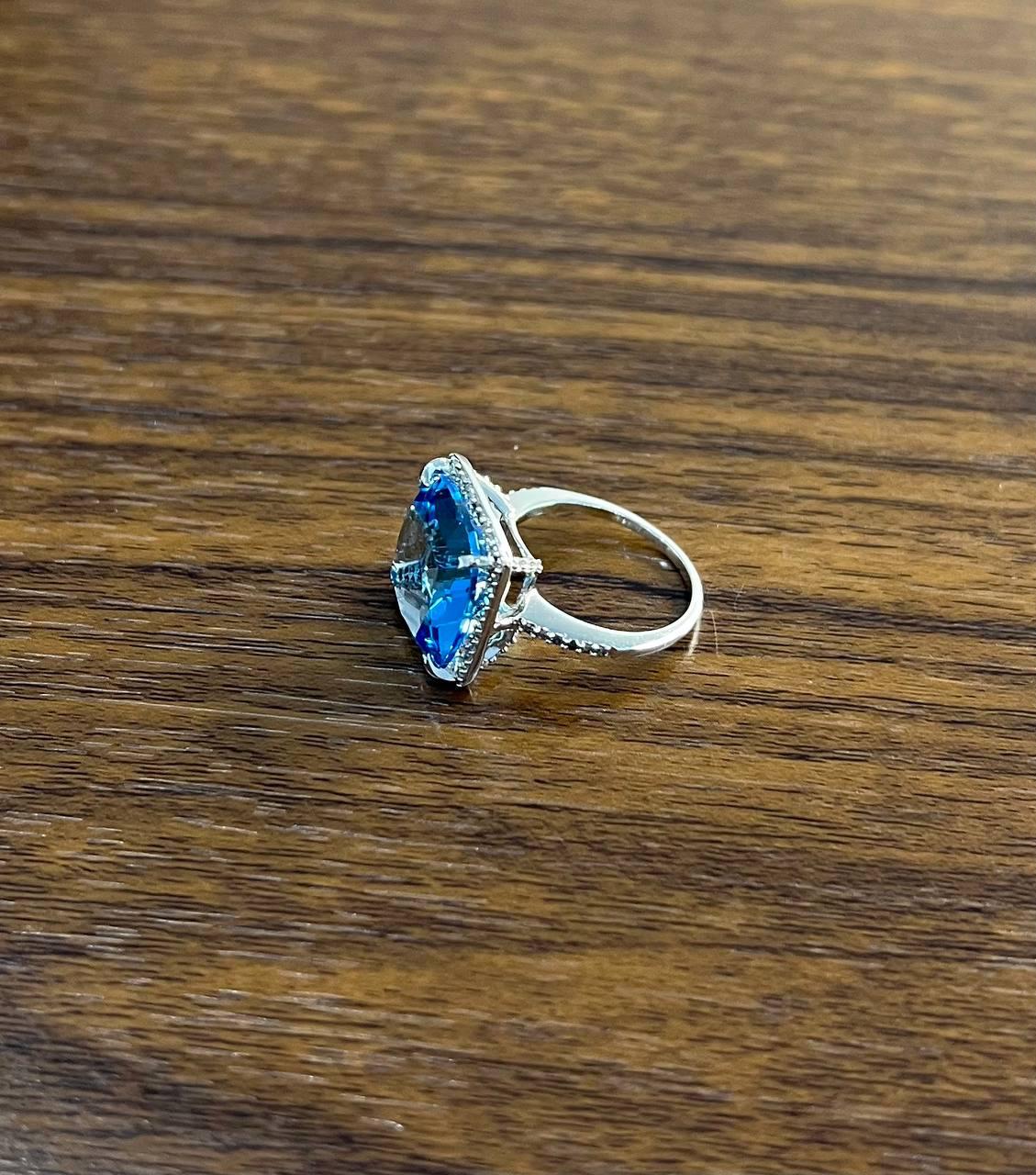 Cushion Shape Swiss Blue Topaz Diamond Halo 14K White Gold Cocktail Ring