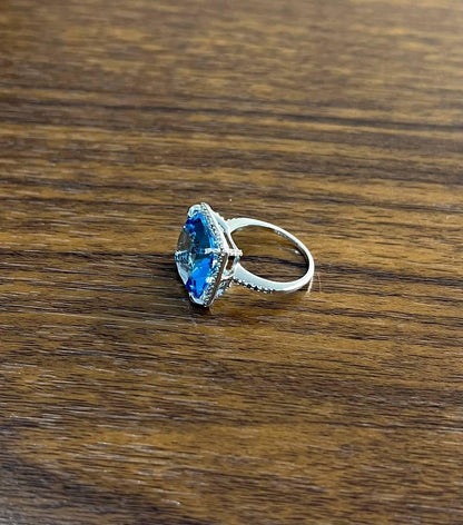 Cushion Shape Swiss Blue Topaz Diamond Halo 14K White Gold Cocktail Ring