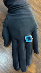 Cushion Shape Swiss Blue Topaz Diamond Halo 14K White Gold Cocktail Ring