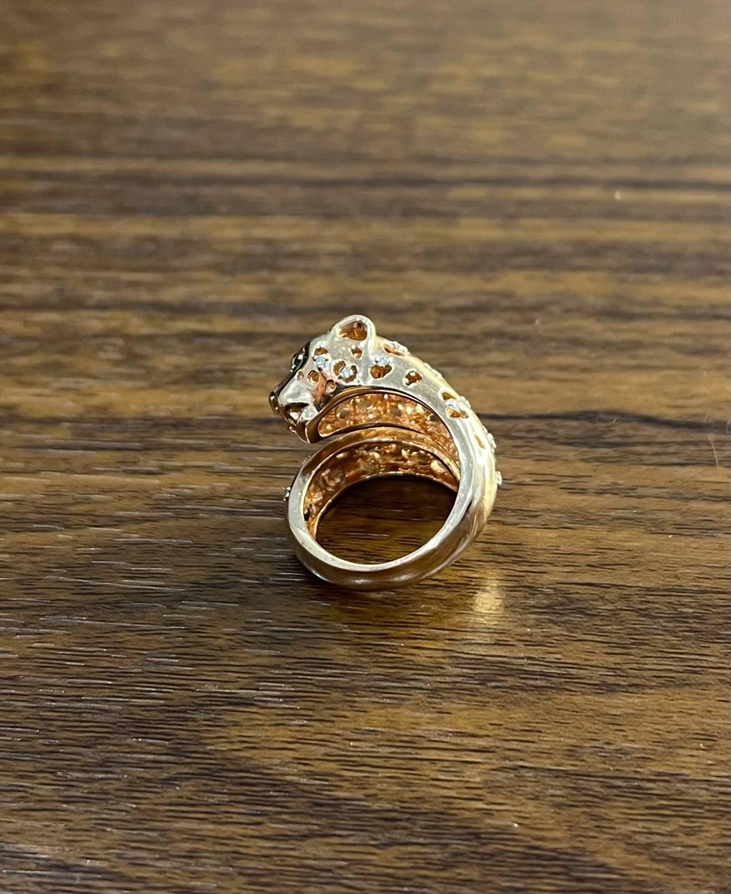 Leopard Jaguar Panther Lion Diamond Emerald 14K Rose Gold Statement Animal Ring