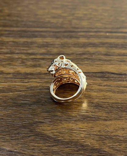 Leopard Jaguar Panther Lion Diamond Emerald 14K Rose Gold Statement Animal Ring