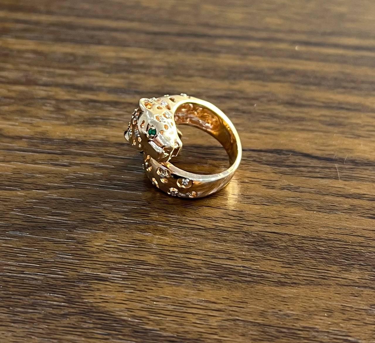 Leopard Jaguar Panther Lion Diamond Emerald 14K Rose Gold Statement Animal Ring
