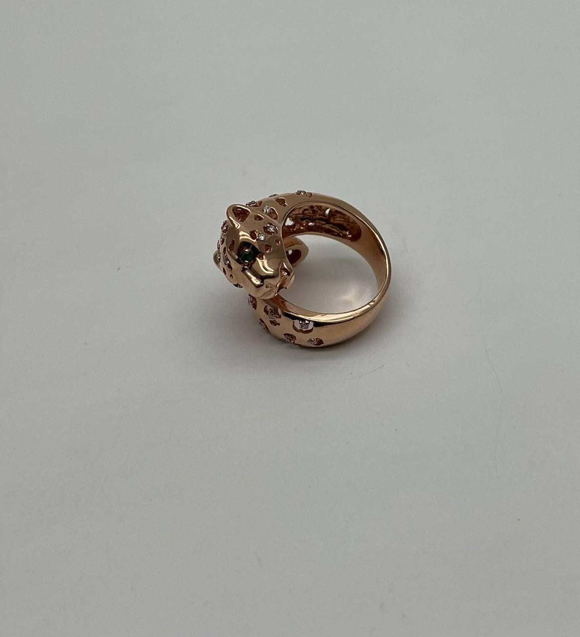 Leopard Jaguar Panther Lion Diamond Emerald 14K Rose Gold Statement Animal Ring