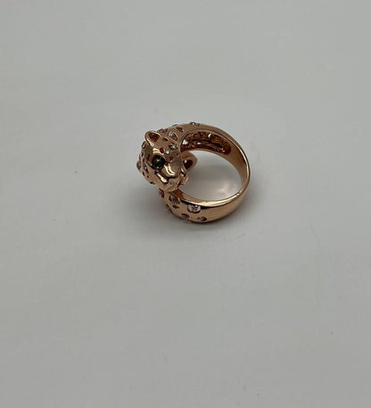 Leopard Jaguar Panther Lion Diamond Emerald 14K Rose Gold Statement Animal Ring