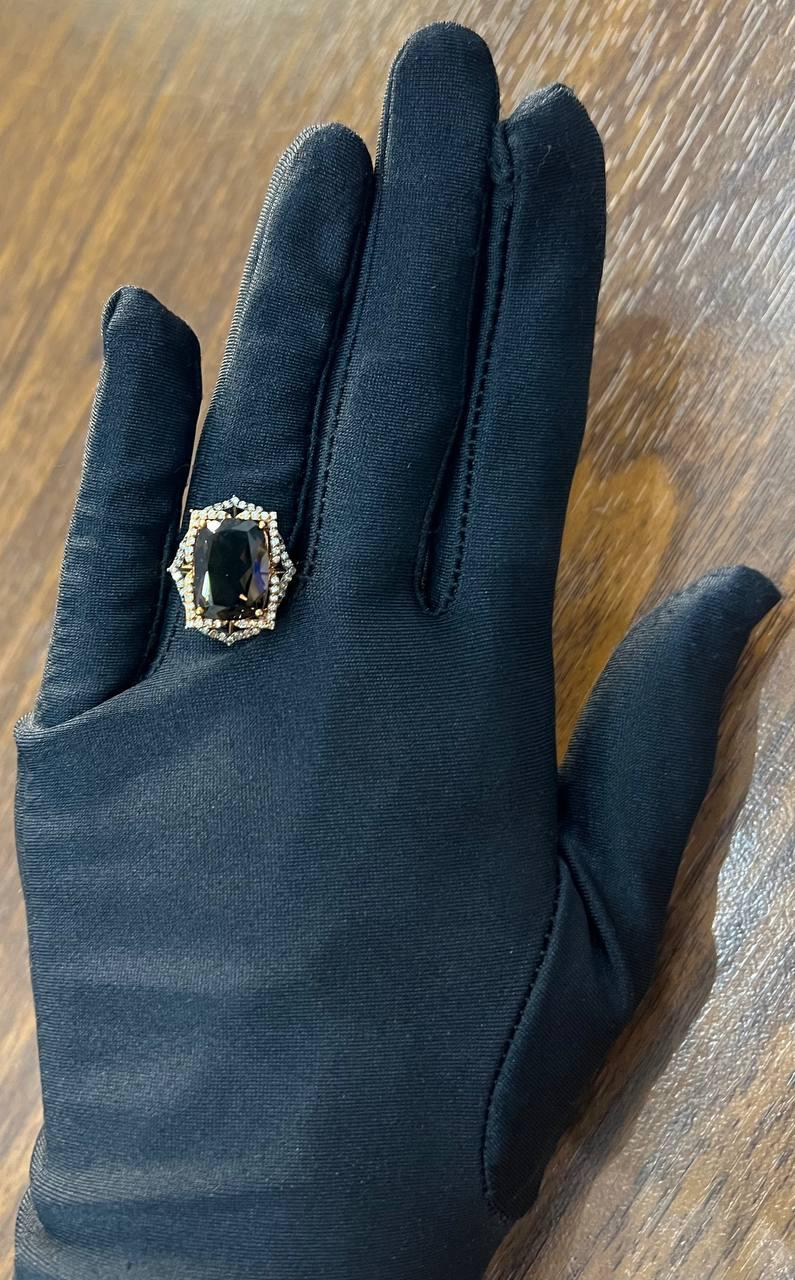 Brown Smoky Quartz Diamond Halo 14K Rose Gold Statement Cocktail Ring
