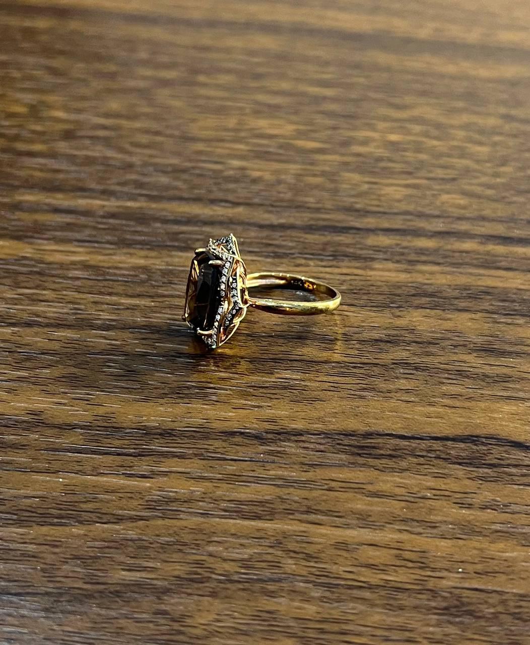 Brown Smoky Quartz Diamond Halo 14K Rose Gold Statement Cocktail Ring