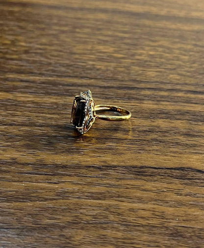 Brown Smoky Quartz Diamond Halo 14K Rose Gold Statement Cocktail Ring