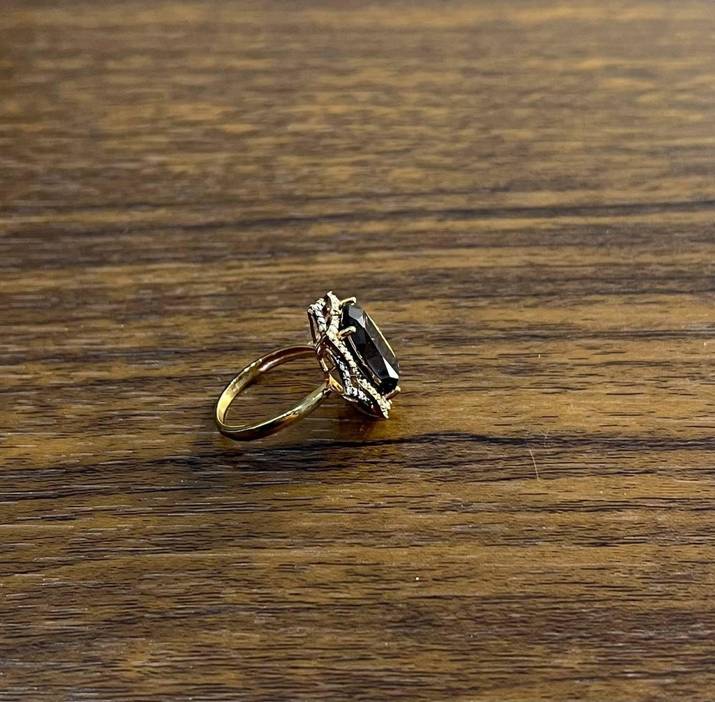 Brown Smoky Quartz Diamond Halo 14K Rose Gold Statement Cocktail Ring