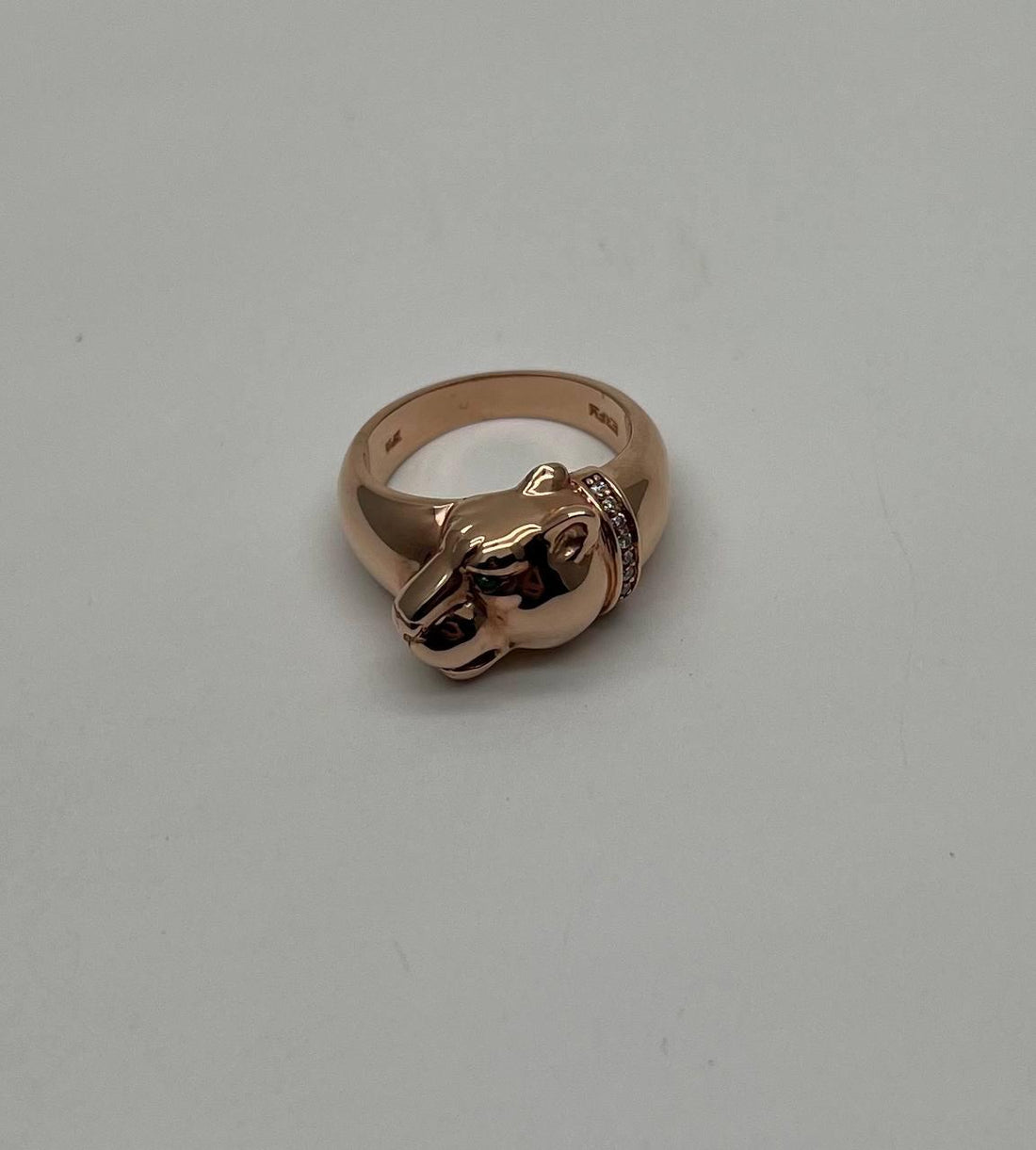 Panther Leopard Lioness Head Diamond Channel 14K Rose Gold Emerald Eyes Ring