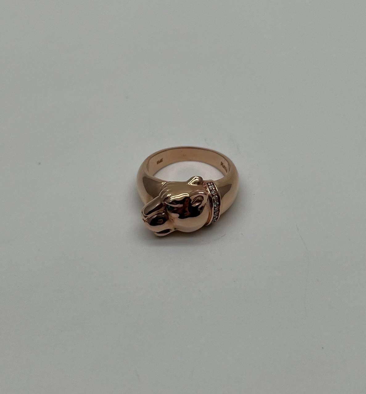 panther leopard lioness head diamond channel 14k rose gold emerald eyes ring