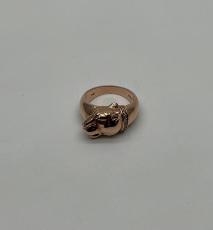Panther Leopard Lioness Head Diamond Channel 14K Rose Gold Emerald Eyes Ring