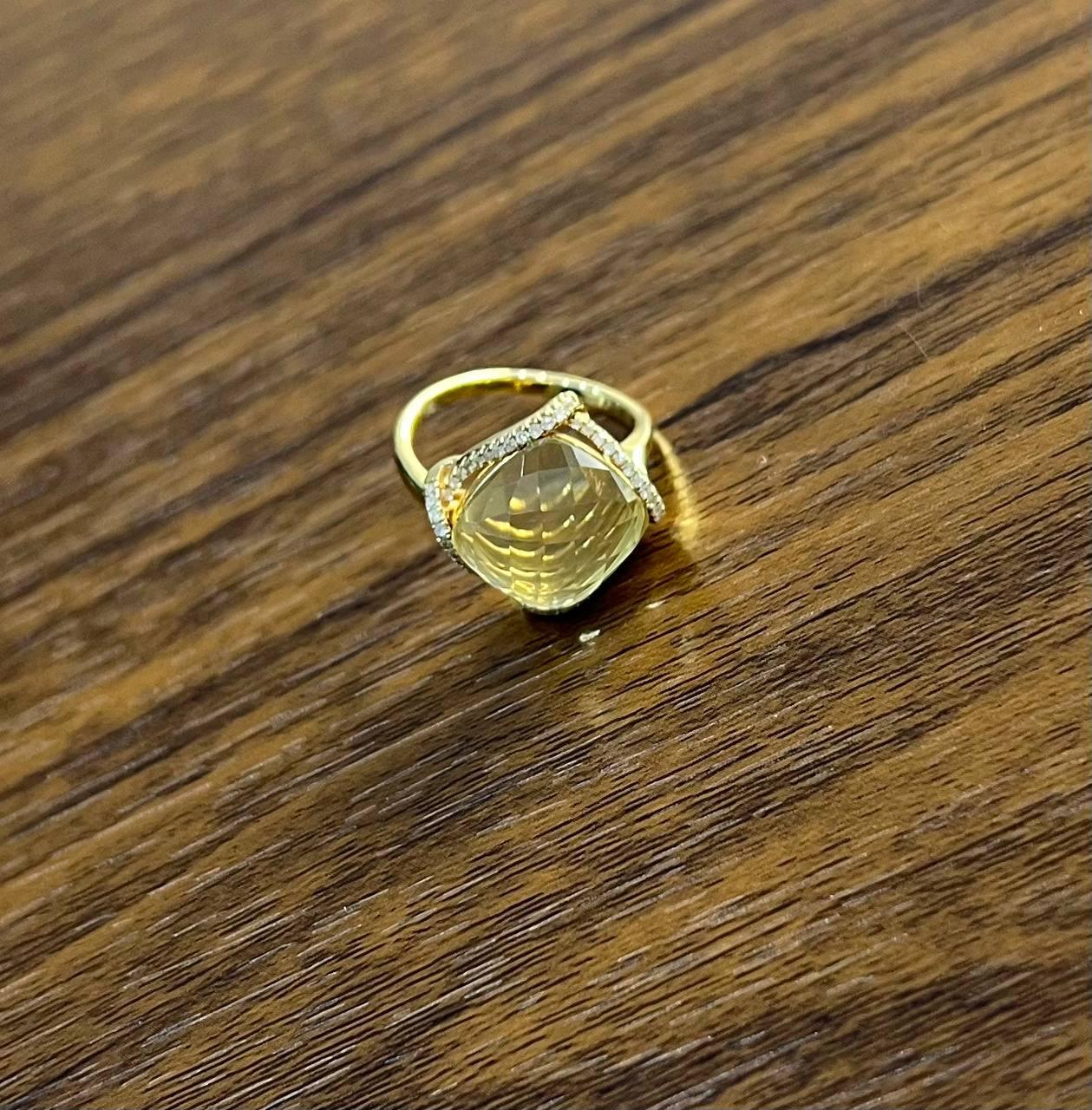 Lemon Quartz Checkerboard Cut Diamond Halo 14K Yellow Gold Statement Ring