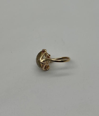 Lemon Quartz Checkerboard Cut Diamond Halo 14K Yellow Gold Statement Ring