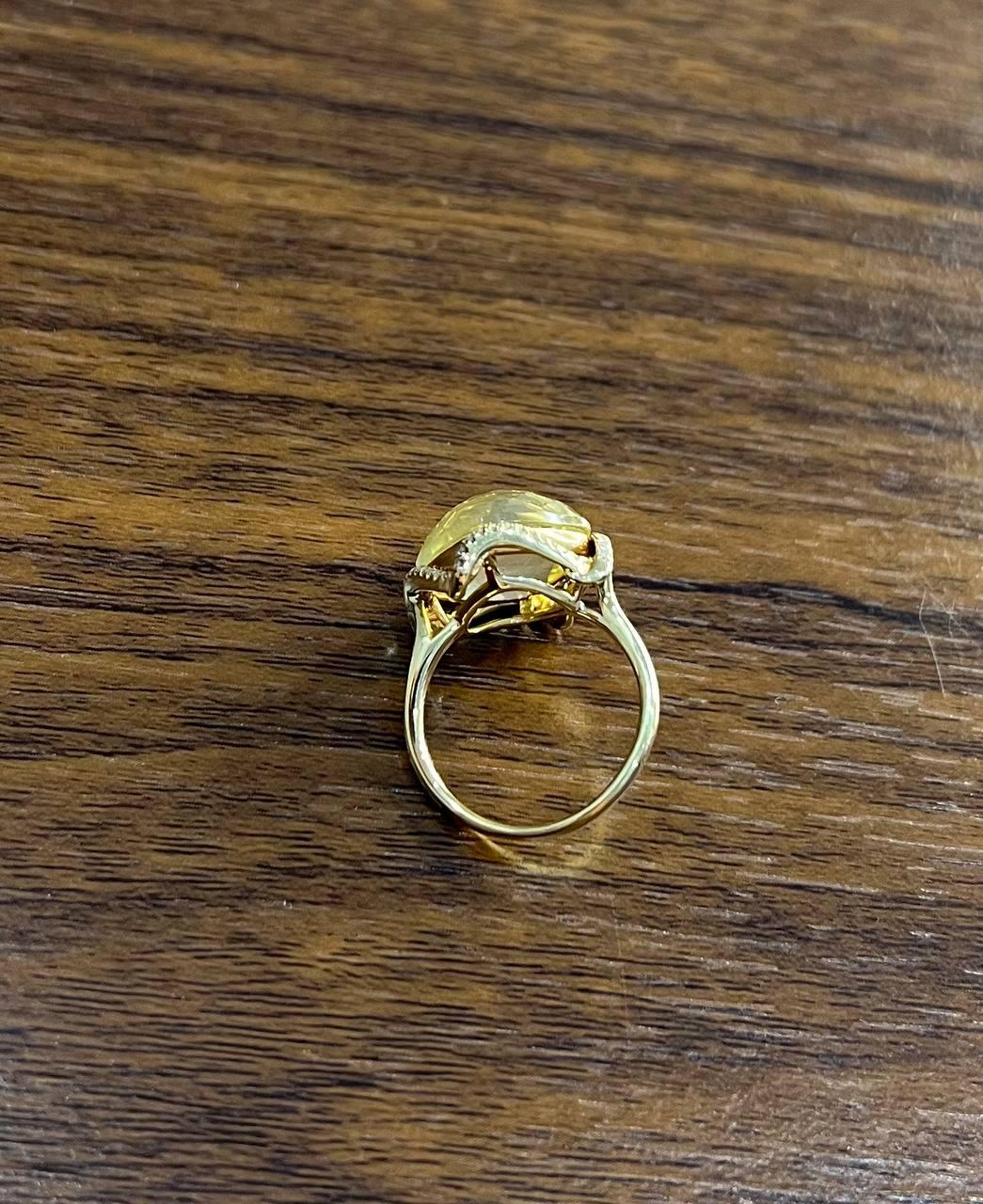 Lemon Quartz Checkerboard Cut Diamond Halo 14K Yellow Gold Statement Ring