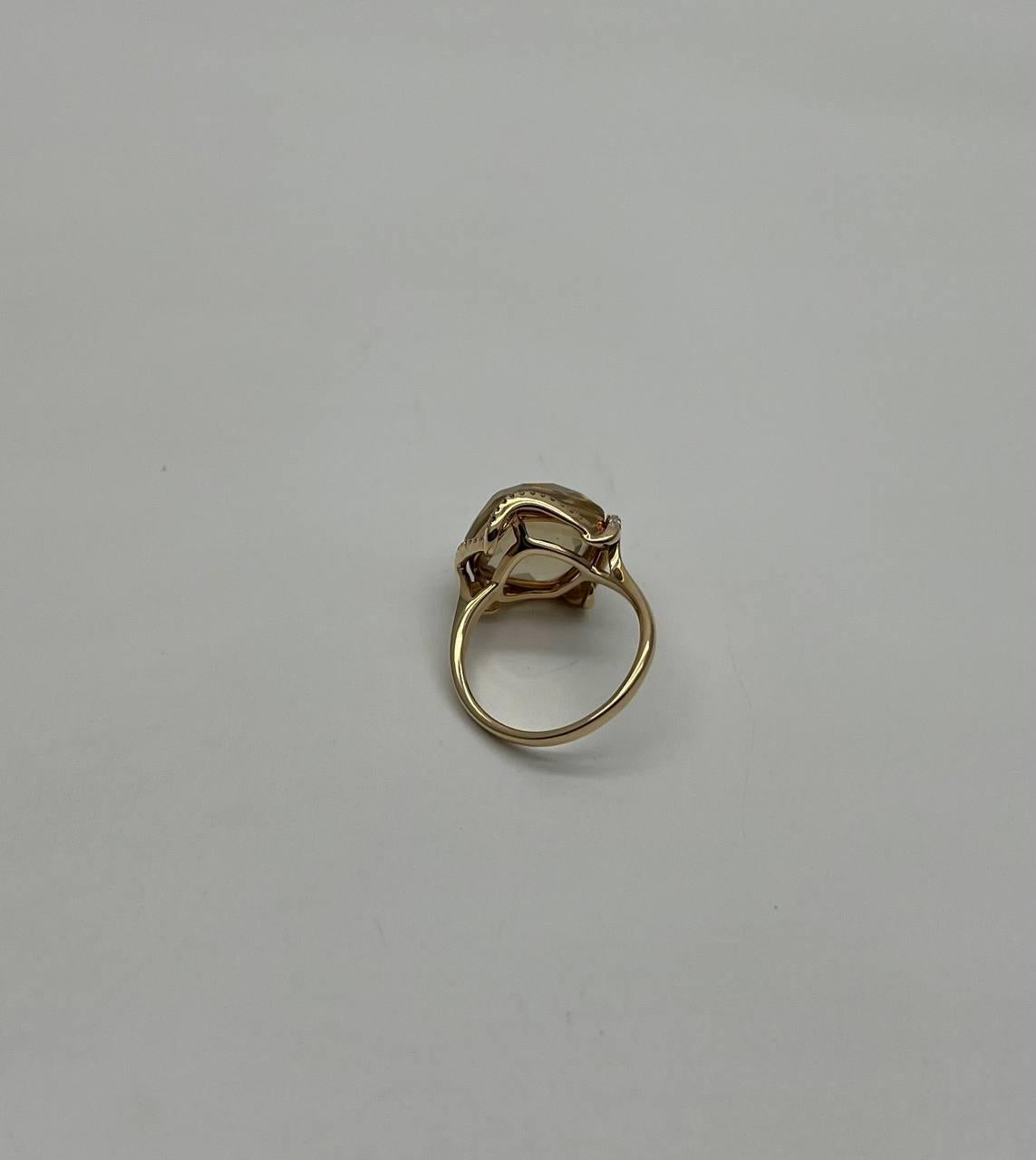 Lemon Quartz Checkerboard Cut Diamond Halo 14K Yellow Gold Statement Ring