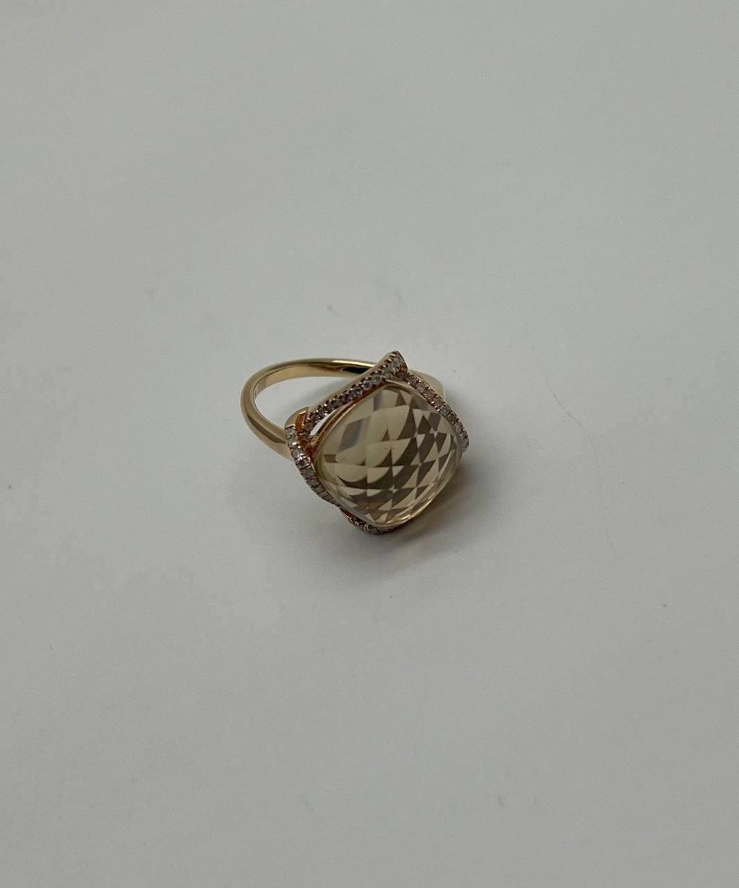 Lemon Quartz Checkerboard Cut Diamond Halo 14K Yellow Gold Statement Ring