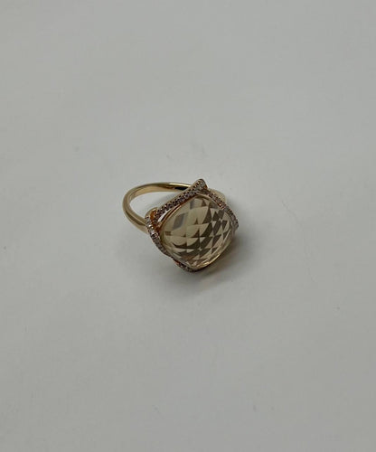 Lemon Quartz Checkerboard Cut Diamond Halo 14K Yellow Gold Statement Ring