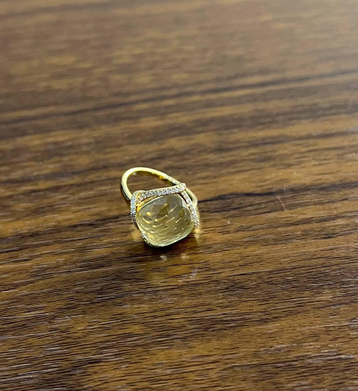 lemon quartz checkerboard cut diamond halo 14k yellow gold statement ring