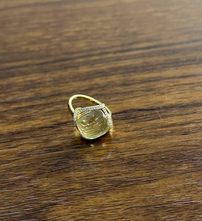 Lemon Quartz Checkerboard Cut Diamond Halo 14K Yellow Gold Statement Ring