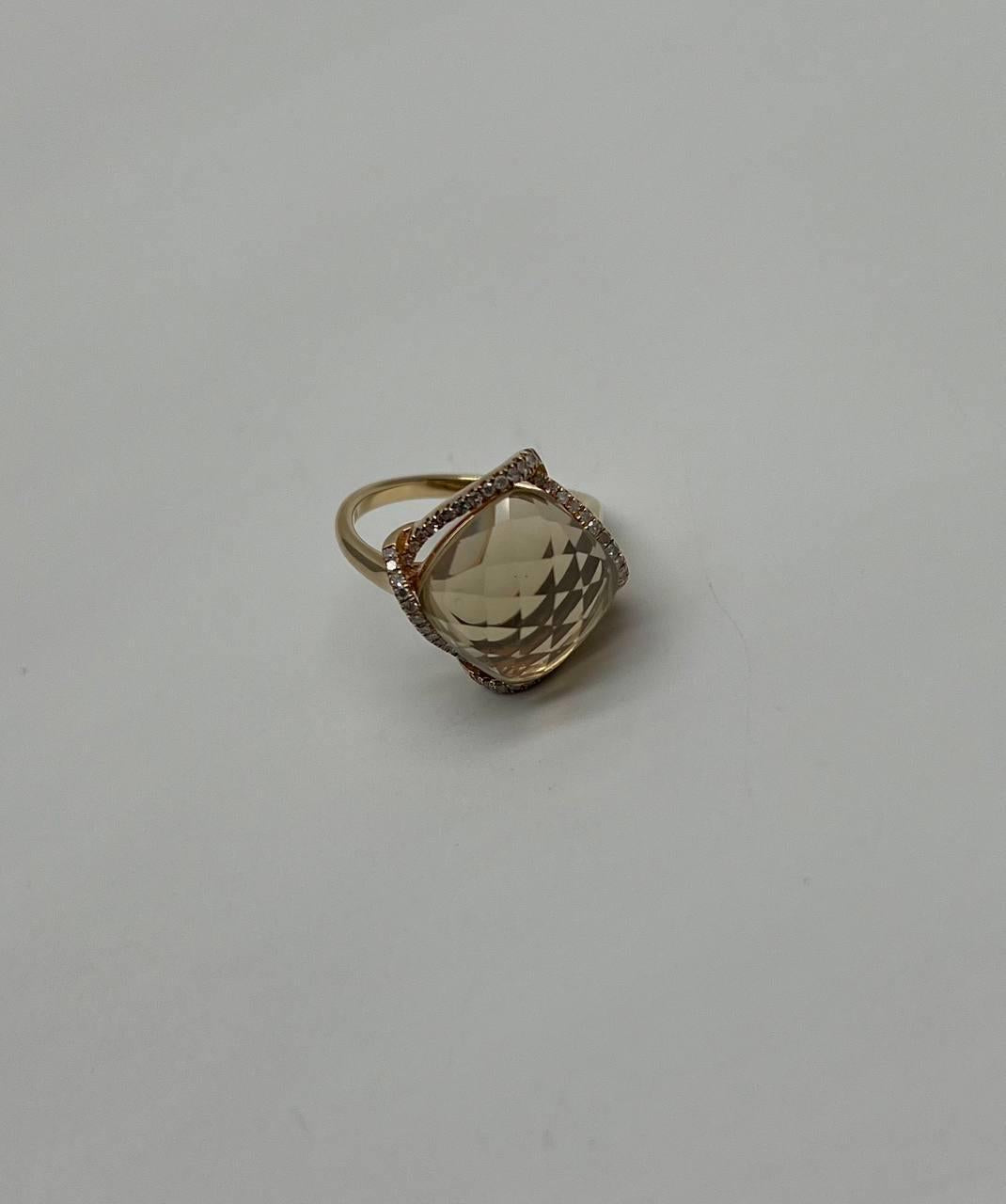 Lemon Quartz Checkerboard Cut Diamond Halo 14K Yellow Gold Statement Ring