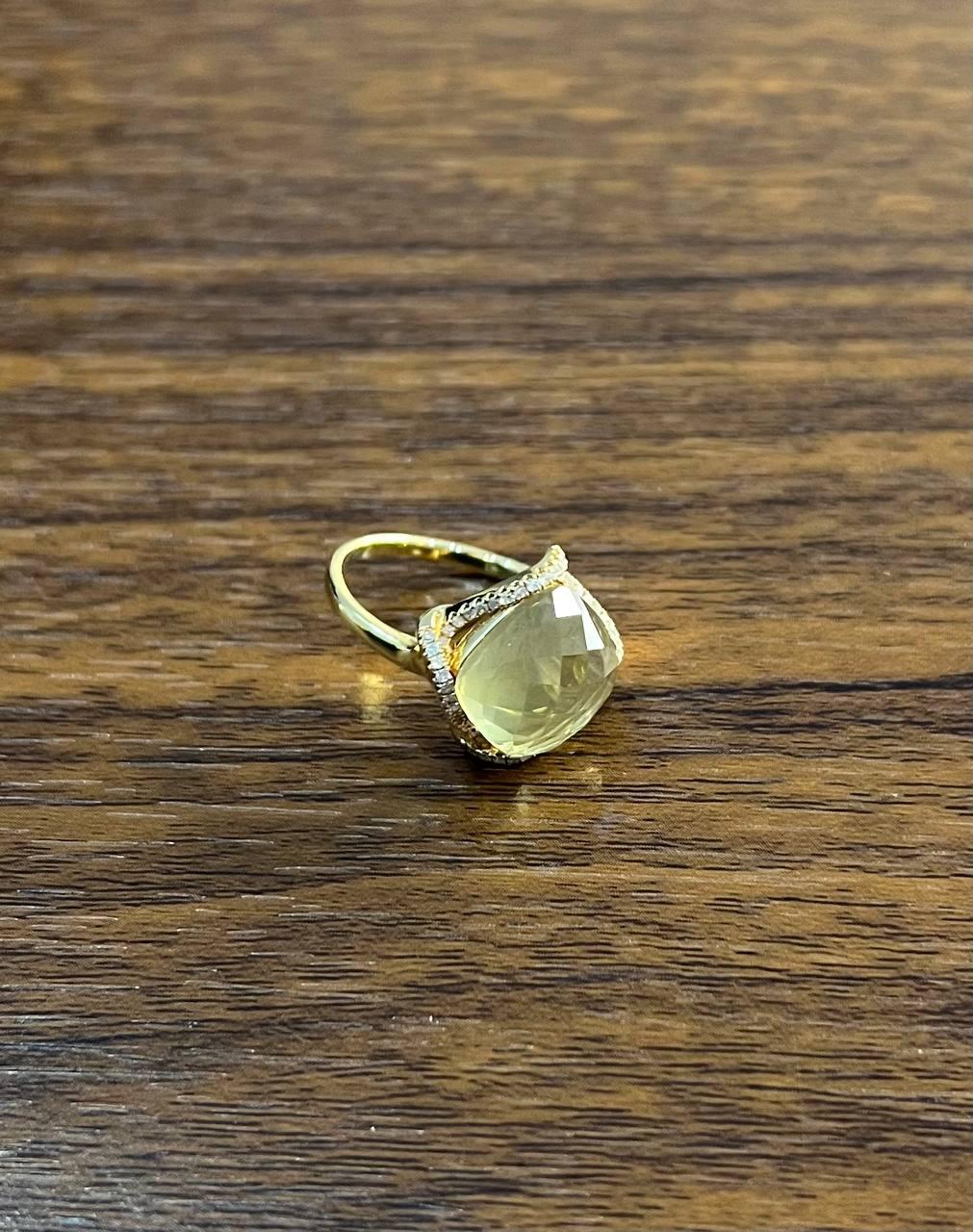 Lemon Quartz Checkerboard Cut Diamond Halo 14K Yellow Gold Statement Ring