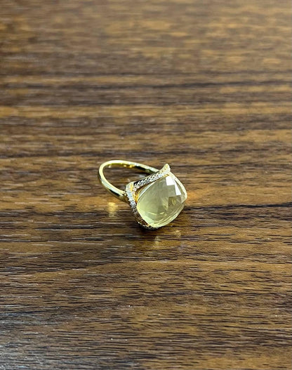 Lemon Quartz Checkerboard Cut Diamond Halo 14K Yellow Gold Statement Ring