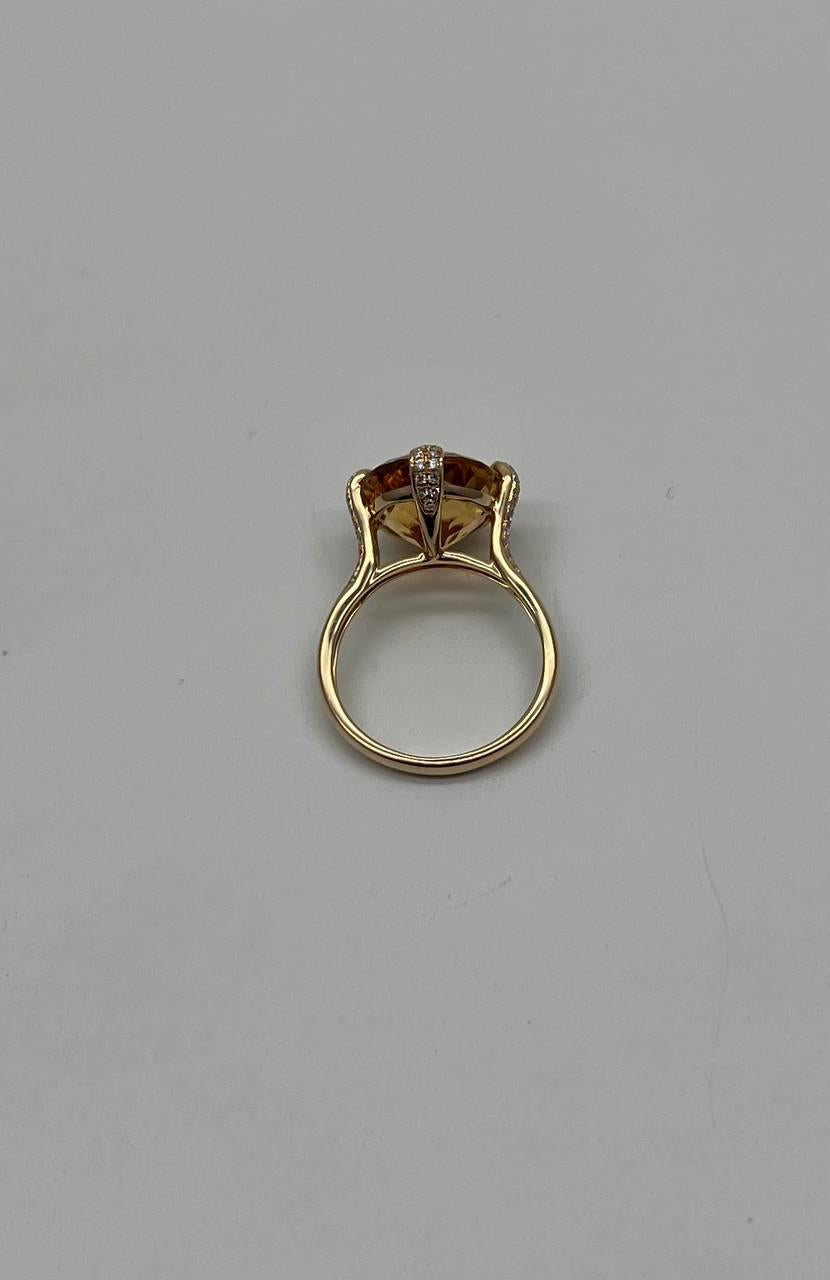 Orange Amber Citrine Brilliant Cut 14K Yellow Gold Diamond Pave Cocktail Ring
