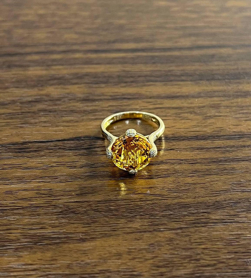 Orange Amber Citrine Brilliant Cut 14K Yellow Gold Diamond Pave Cocktail Ring