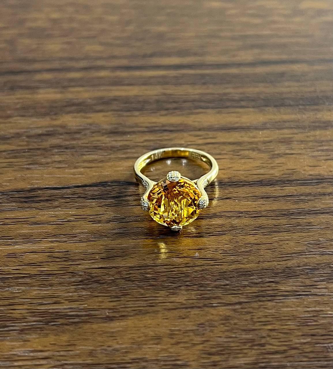 Orange Amber Citrine Brilliant Cut 14K Yellow Gold Diamond Pave Cocktail Ring