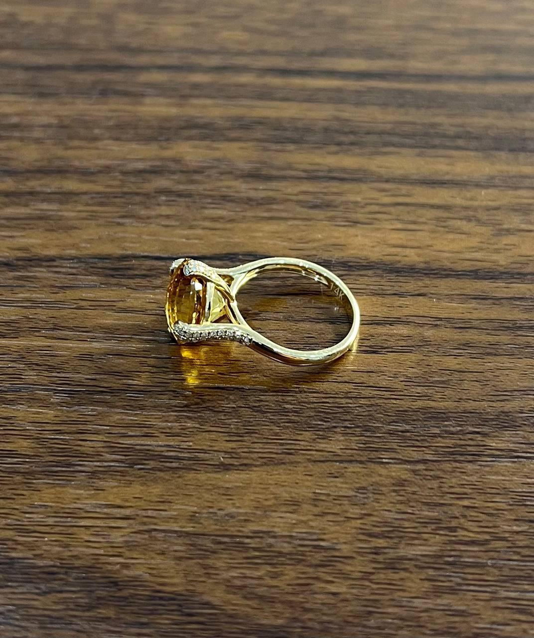 Orange Amber Citrine Brilliant Cut 14K Yellow Gold Diamond Pave Cocktail Ring