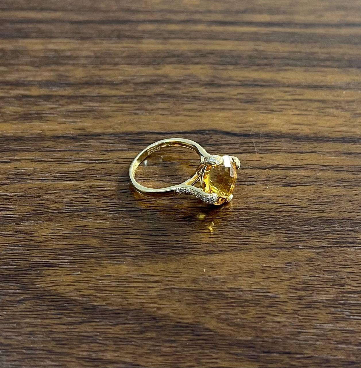 Orange Amber Citrine Brilliant Cut 14K Yellow Gold Diamond Pave Cocktail Ring