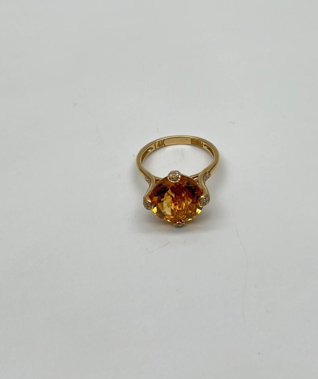 Orange Amber Citrine Brilliant Cut 14K Yellow Gold Diamond Pave Cocktail Ring