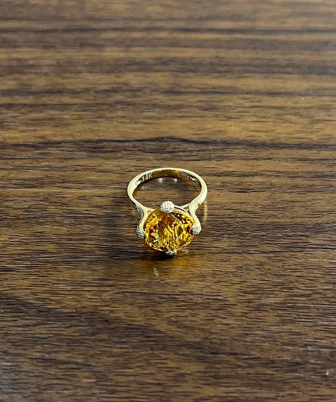 Orange Amber Citrine Brilliant Cut 14K Yellow Gold Diamond Pave Cocktail Ring