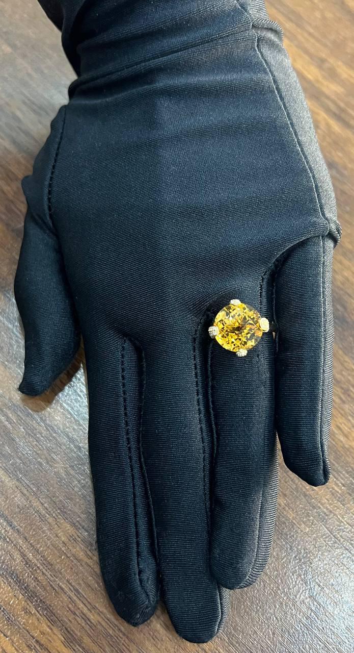 Orange Amber Citrine Brilliant Cut 14K Yellow Gold Diamond Pave Cocktail Ring