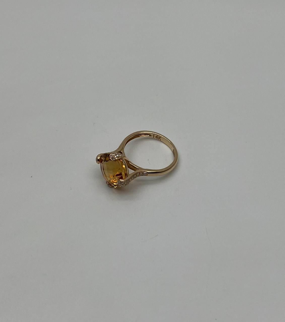 Orange Amber Citrine Brilliant Cut 14K Yellow Gold Diamond Pave Cocktail Ring