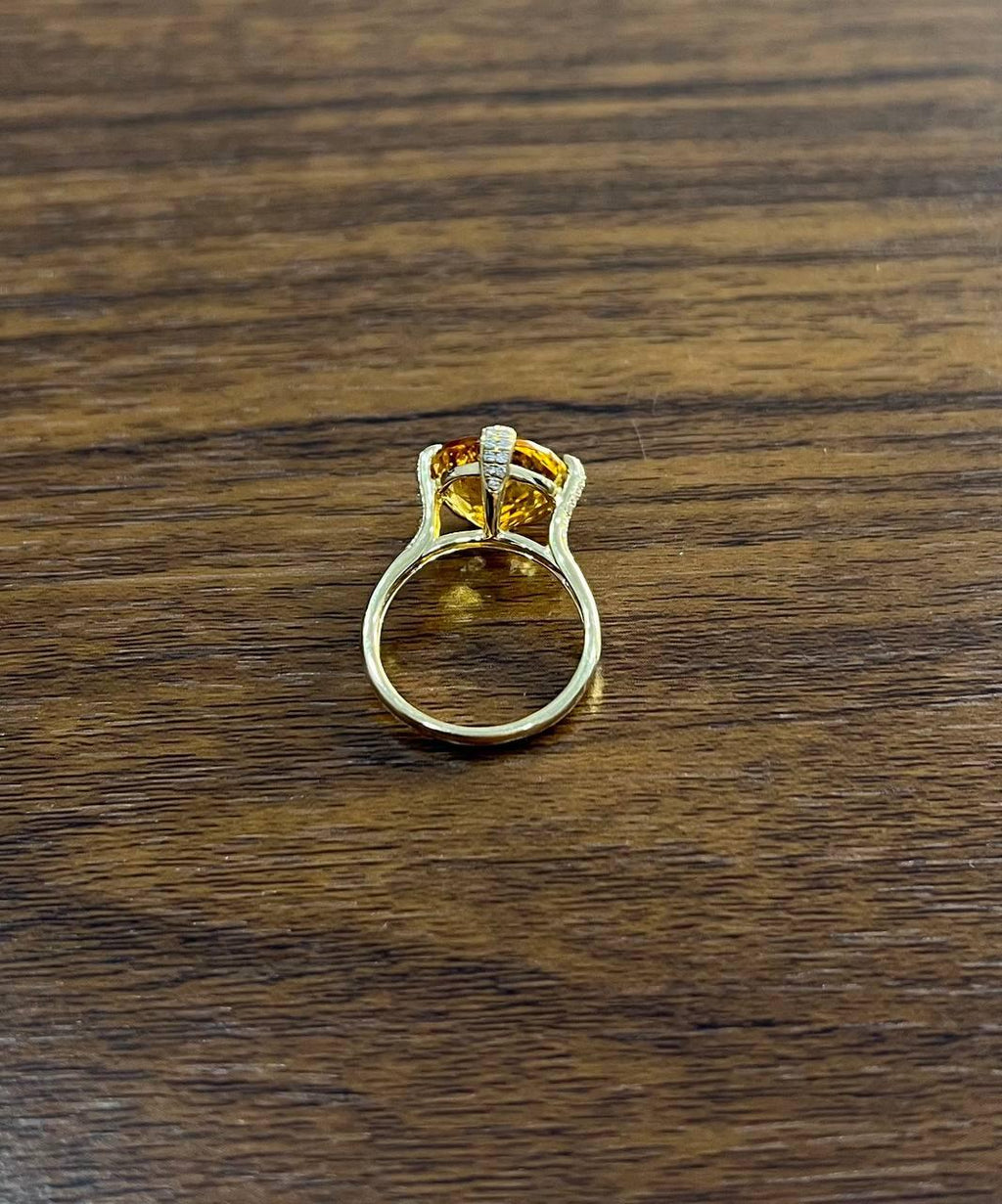 Orange Amber Citrine Brilliant Cut 14K Yellow Gold Diamond Pave Cocktail Ring