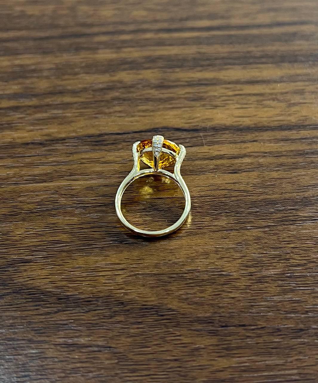 Orange Amber Citrine Brilliant Cut 14K Yellow Gold Diamond Pave Cocktail Ring