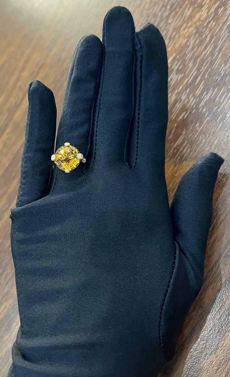 Orange Amber Citrine Brilliant Cut 14K Yellow Gold Diamond Pave Cocktail Ring