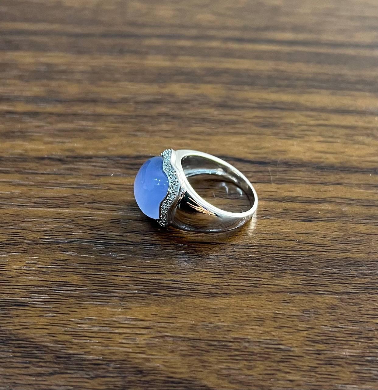 Blue Violet Chalcedony Cabochon Shape 14K White Gold Diamond Halo Set Ring